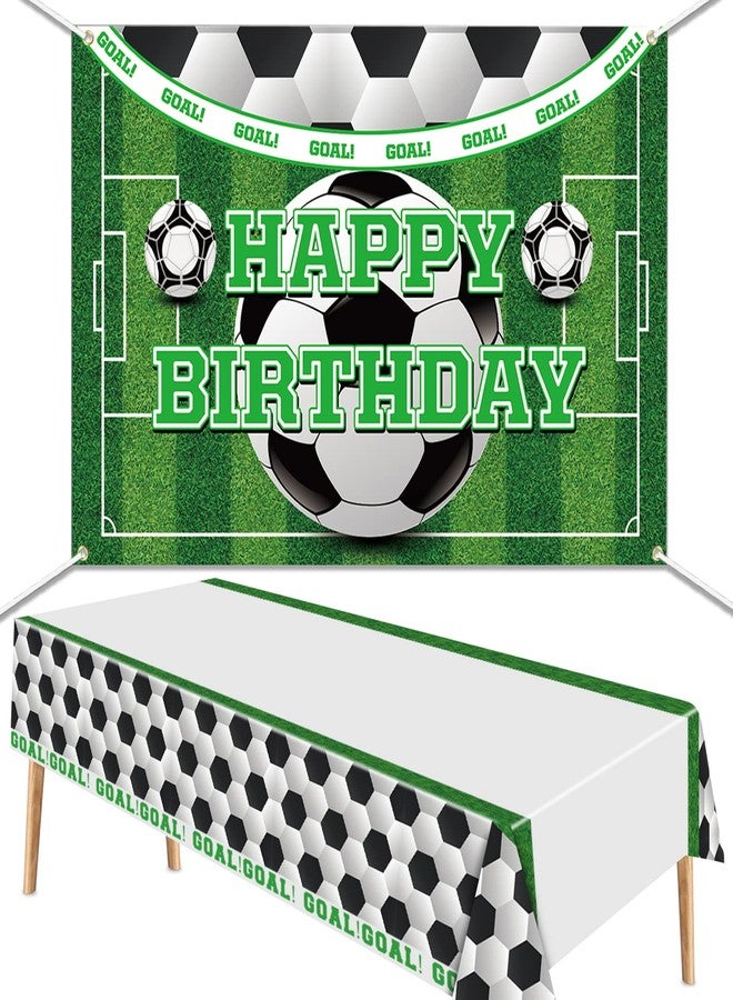PIXHOTUL Soccer Happy Birthday Backdrop and Tablecloth Set - Soccer Theme Party Photo Props with Plastic Tablecloths Decorations for Kids Soccer Themed Birthday Party Decorations - Image 1